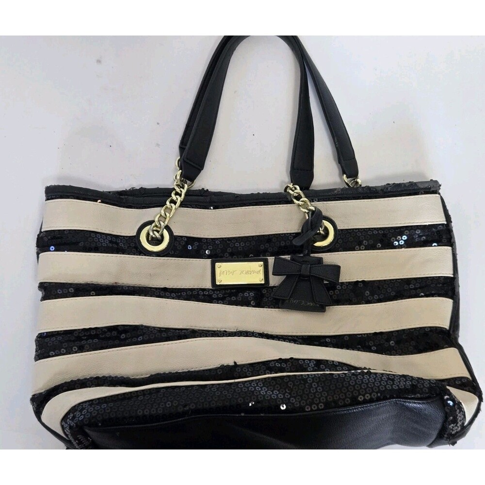 Betsey Johnson Tote Bag Womens Large Stripe Bow Floral Embellished Purse Handbag